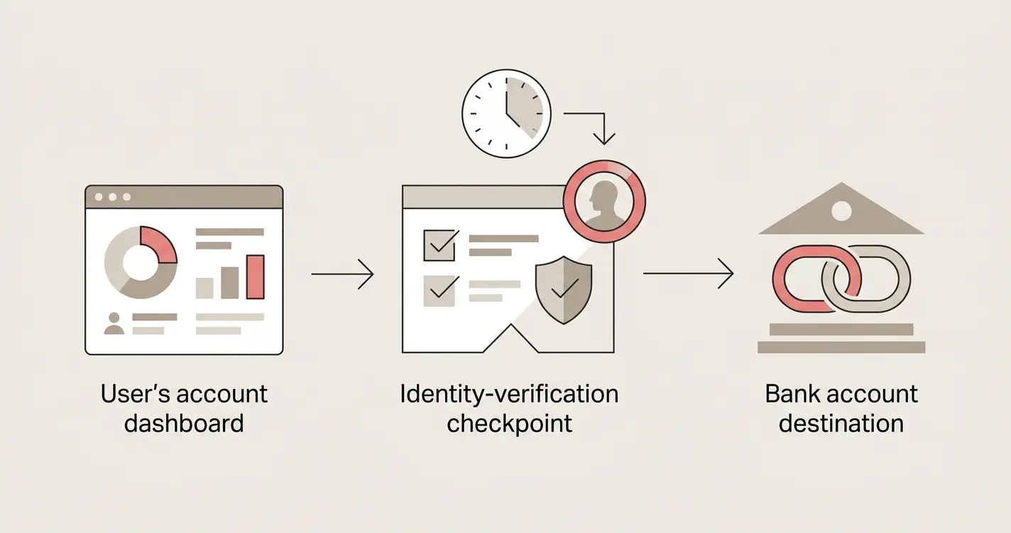 Illustration af udbetalingsforløb fra kasinokonto til bank med et verifikationstrin