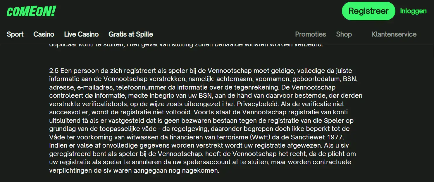 ComeOn verifikationsskærm eller officiel KYC-hjælp