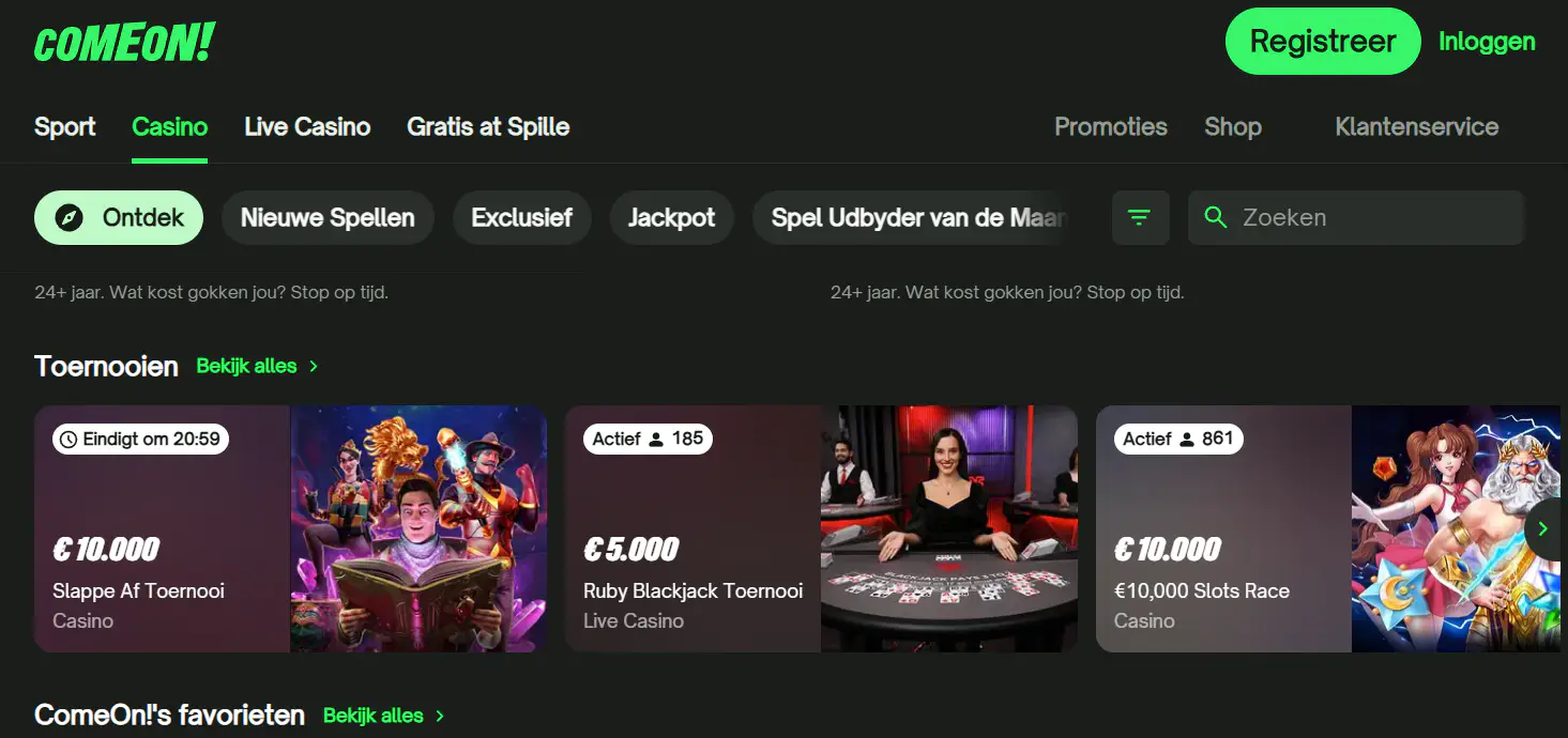 Skærmbillede af ComeOns danske side eller kasinooversigt